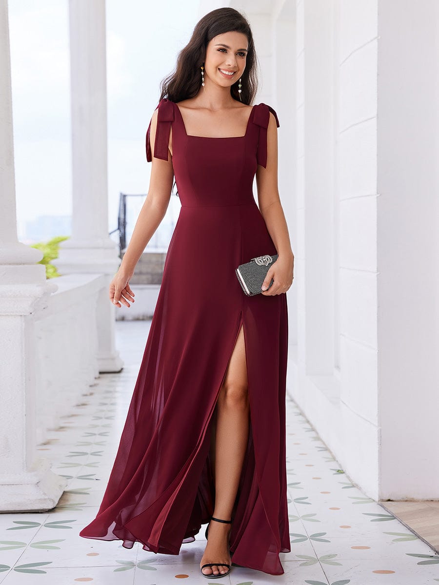 Square Neckline Sleeveless Bowknot Chiffon Bridesmaid Dress #color_Burgundy