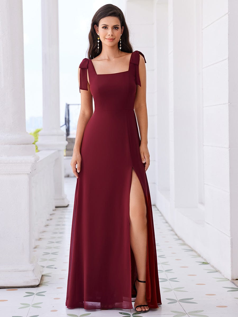 Square Neckline Sleeveless Bowknot Chiffon Bridesmaid Dress #color_Burgundy