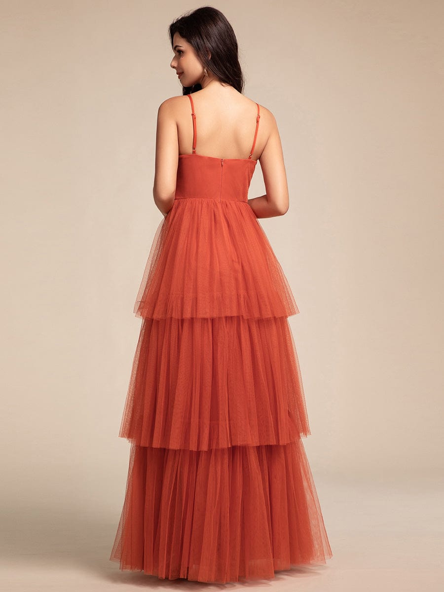 Tiered Spaghetti Strap Tulle Maxi Bridesmaid Dress #color_Burnt Orange