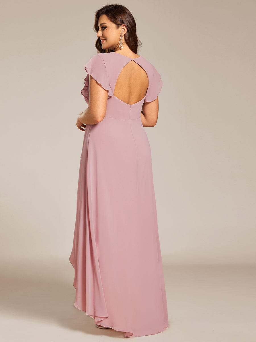 Plus Size A-Line Chiffon High-Low Bridesmaid Dress with Ruffled Sleeve #color_Dusty Rose