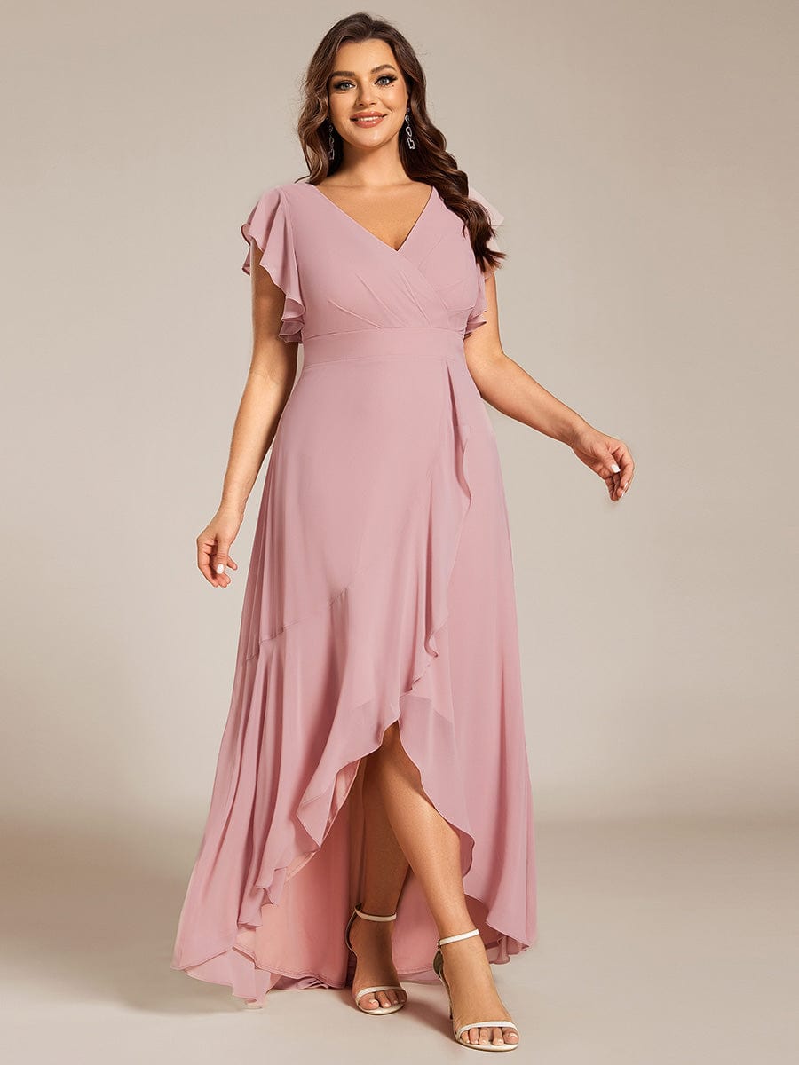 Elegant Ruffled Chiffon High-Low Bridesmaid Dress with Backless Design #color_Dusty Rose