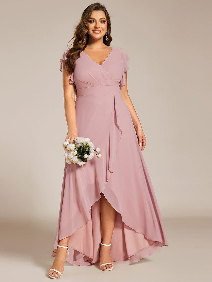 Elegant Ruffled Chiffon High-Low Bridesmaid Dress with Backless Design #color_Dusty Rose