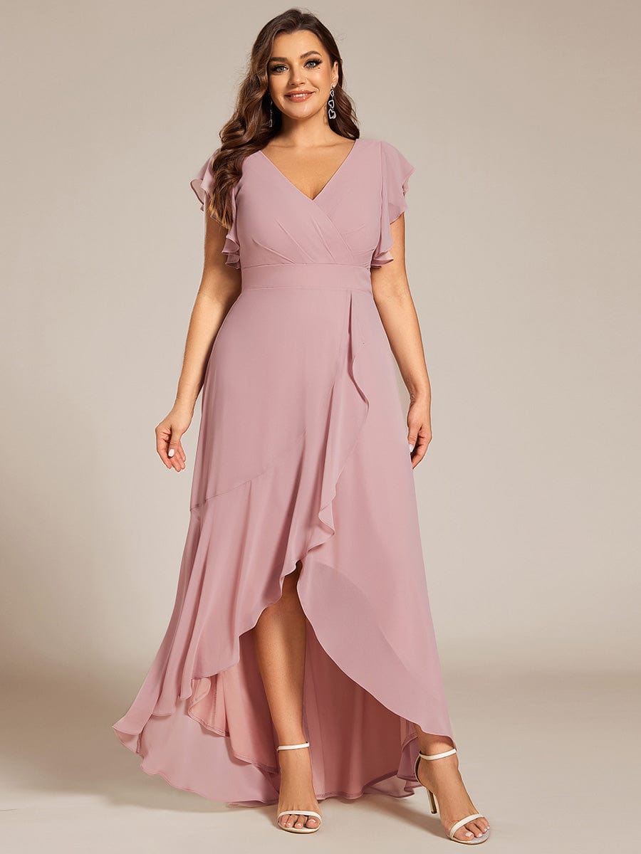 Plus Size A-Line Chiffon High-Low Bridesmaid Dress with Ruffled Sleeve #color_Dusty Rose