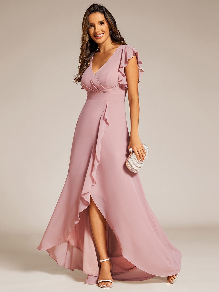 Elegant Ruffled Chiffon High-Low Bridesmaid Dress with Backless Design #color_Dusty Rose