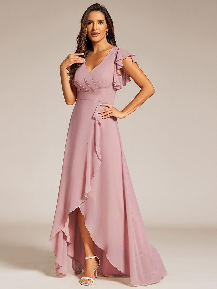 Elegant Ruffled Chiffon High-Low Bridesmaid Dress with Backless Design #color_Dusty Rose