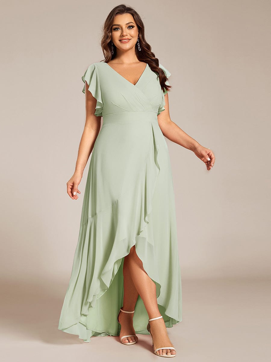 Plus Size A-Line Chiffon High-Low Bridesmaid Dress with Ruffled Sleeve #color_Mint Green