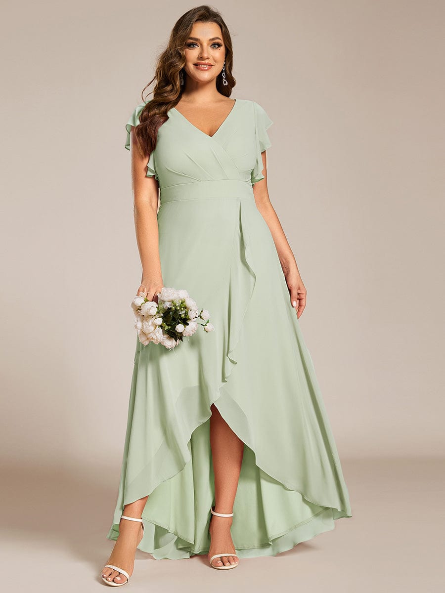 Plus Size A-Line Chiffon High-Low Bridesmaid Dress with Ruffled Sleeve #color_Mint Green