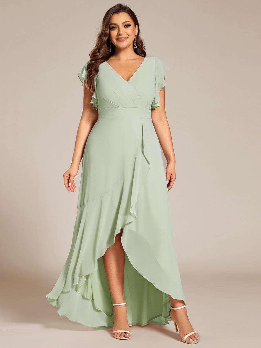 Plus Size A-Line Chiffon High-Low Bridesmaid Dress with Ruffled Sleeve #color_Mint Green