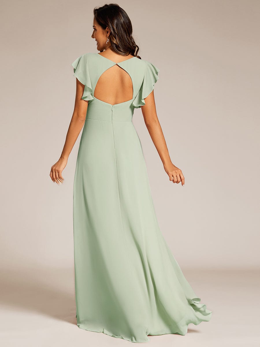 Elegant Ruffled Chiffon High-Low Bridesmaid Dress with Backless Design #color_Mint Green