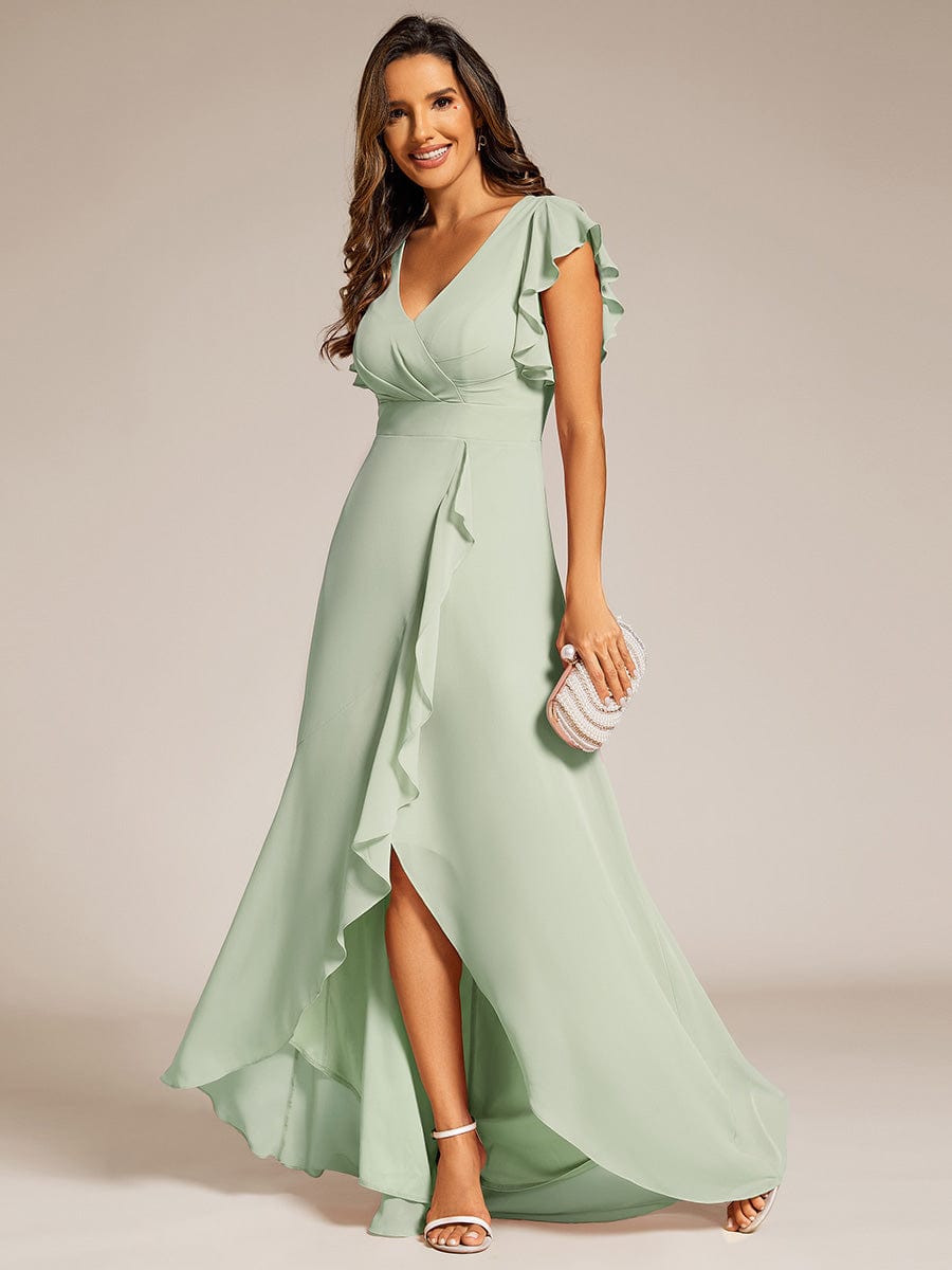 Elegant Ruffled Chiffon High-Low Bridesmaid Dress with Backless Design #color_Mint Green