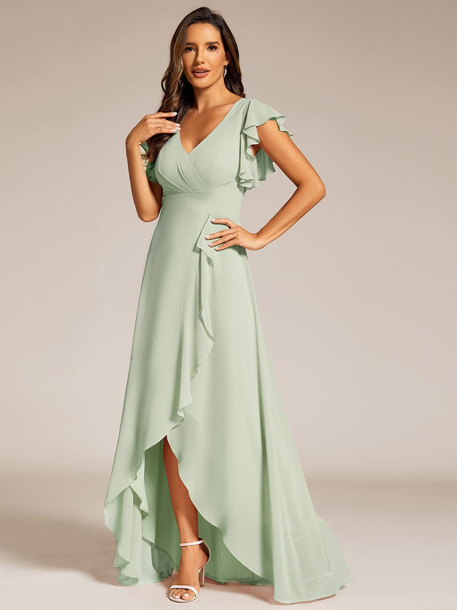 Elegant Ruffled Chiffon High-Low Bridesmaid Dress with Backless Design #color_Mint Green