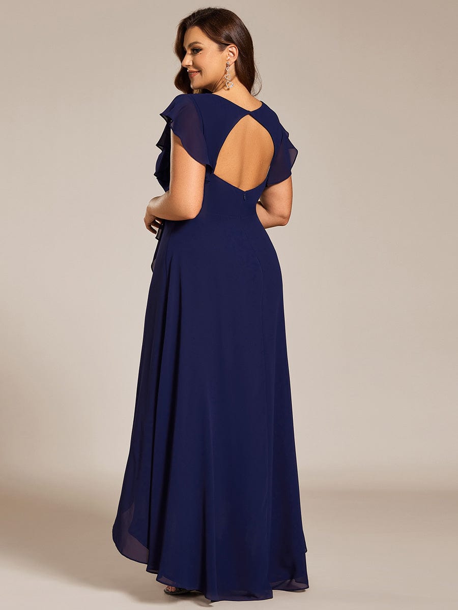 Plus Size A-Line Chiffon High-Low Bridesmaid Dress with Ruffled Sleeve #color_Navy Blue