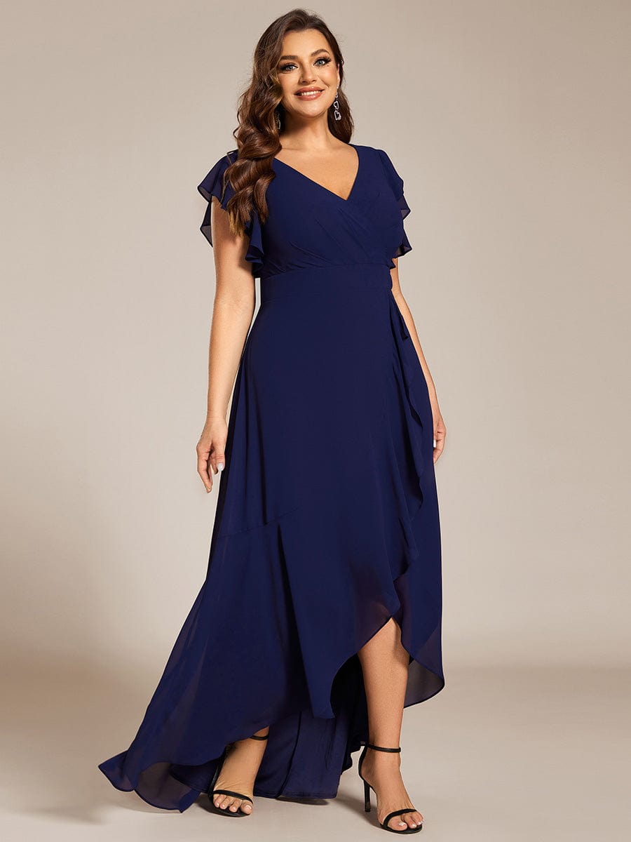 Plus Size A-Line Chiffon High-Low Bridesmaid Dress with Ruffled Sleeve #color_Navy Blue