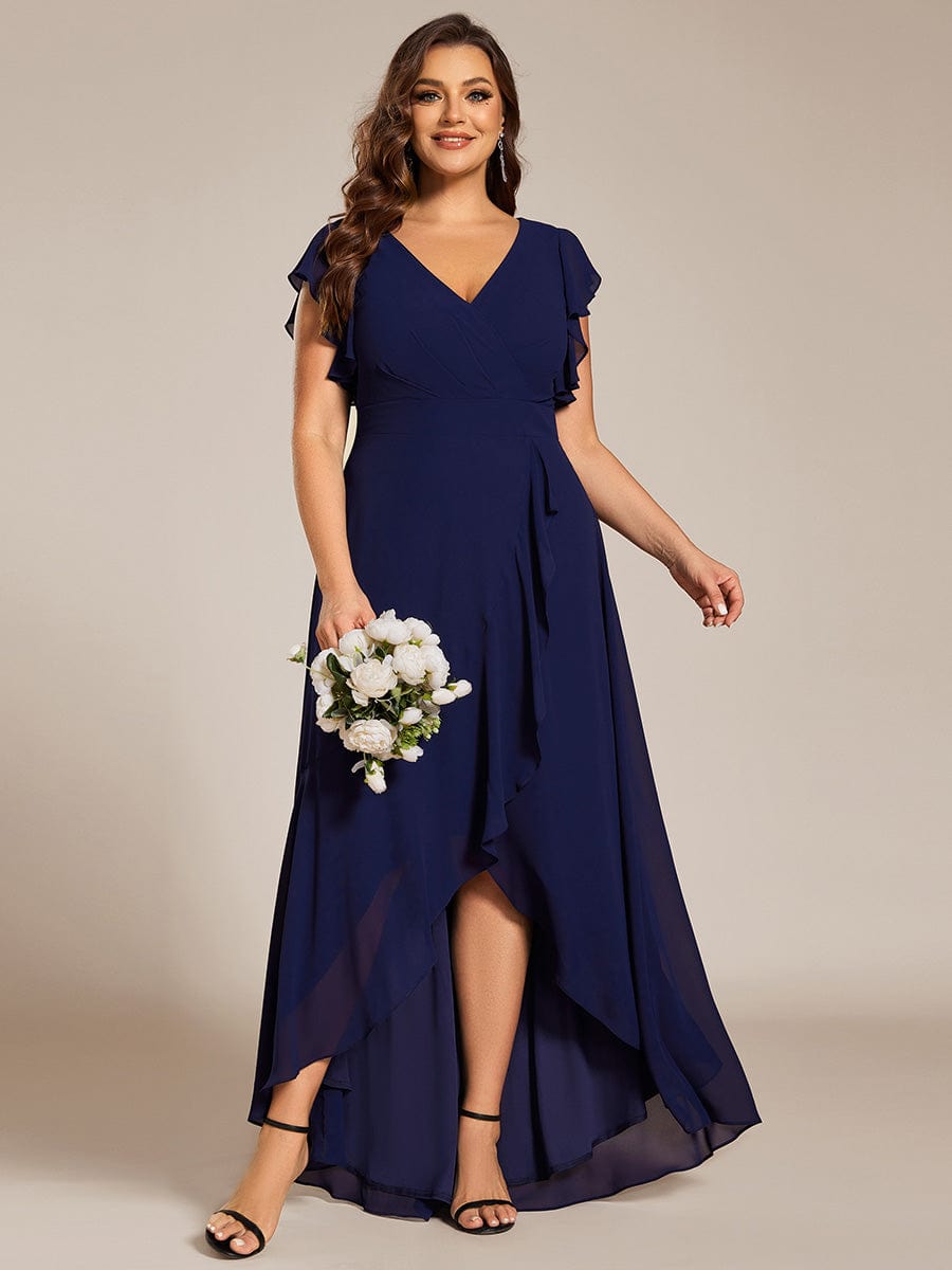 Elegant Ruffled Chiffon High-Low Bridesmaid Dress with Backless Design #color_Navy Blue