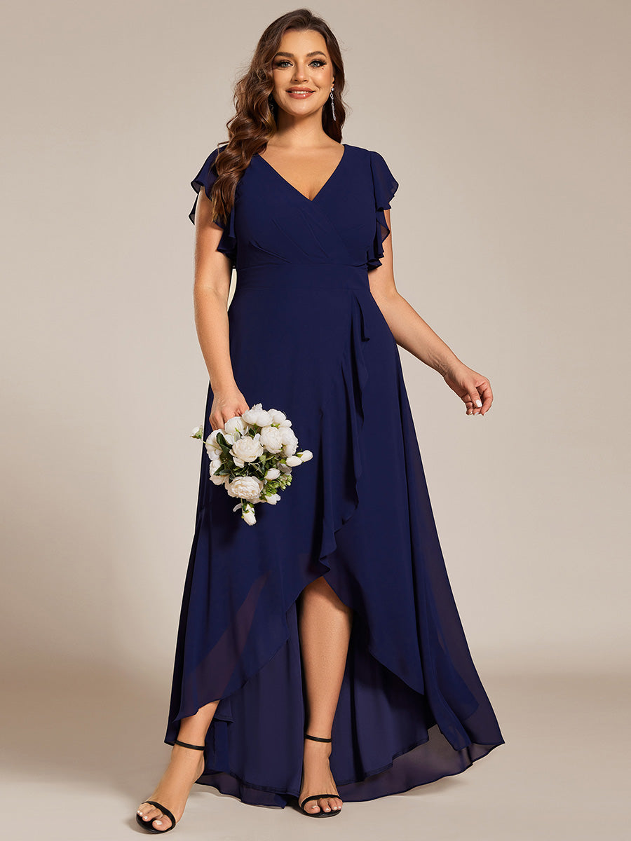 Plus Size A-Line Chiffon High-Low Bridesmaid Dress with Ruffled Sleeve #color_Navy Blue