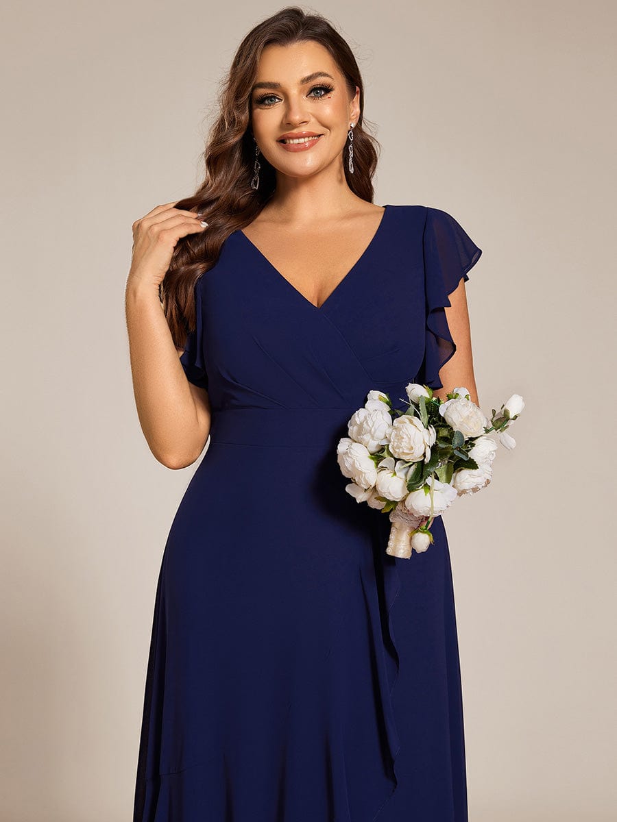 Plus Size A-Line Chiffon High-Low Bridesmaid Dress with Ruffled Sleeve #color_Navy Blue