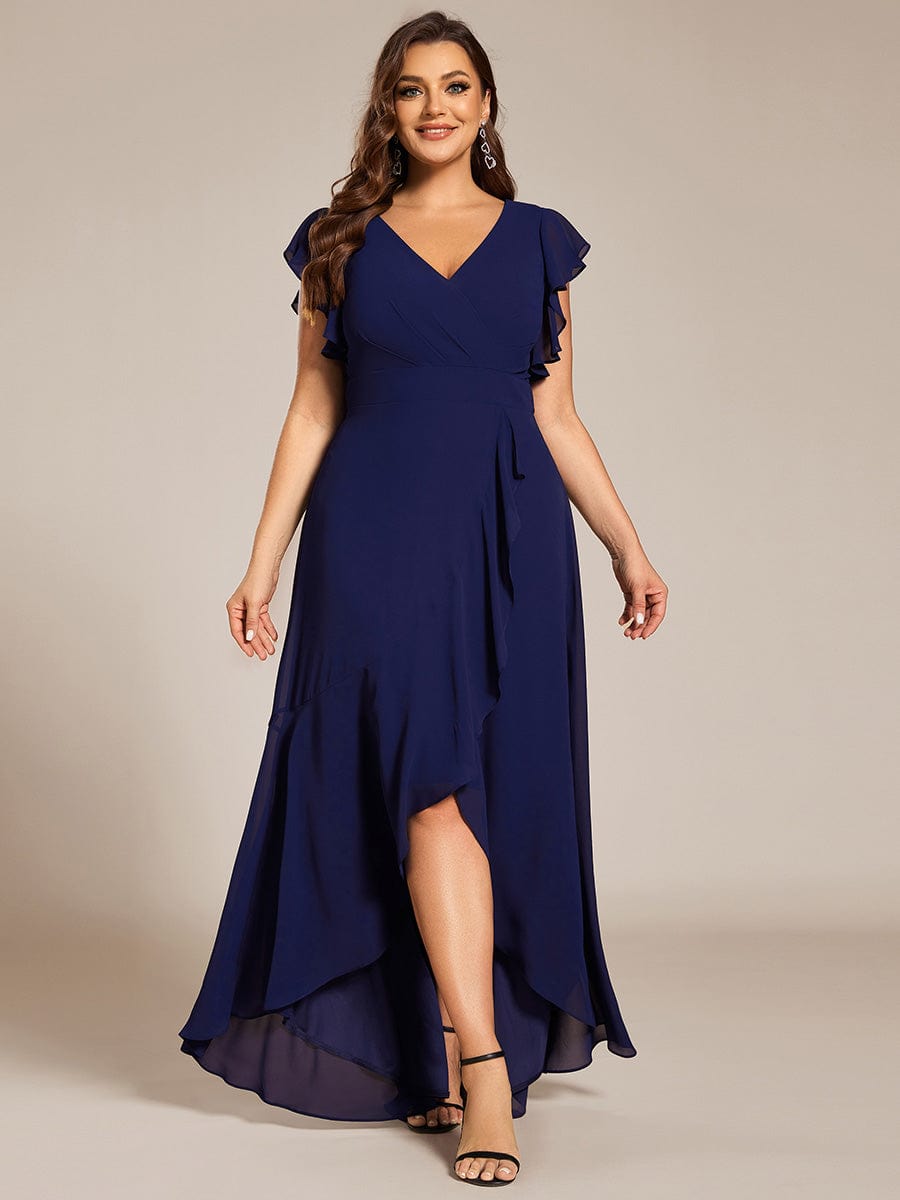 Plus Size A-Line Chiffon High-Low Bridesmaid Dress with Ruffled Sleeve #color_Navy Blue