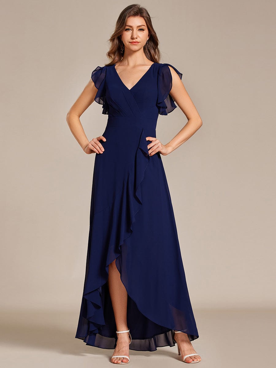 Elegant Ruffled Chiffon High-Low Bridesmaid Dress with Backless Design #color_Navy Blue