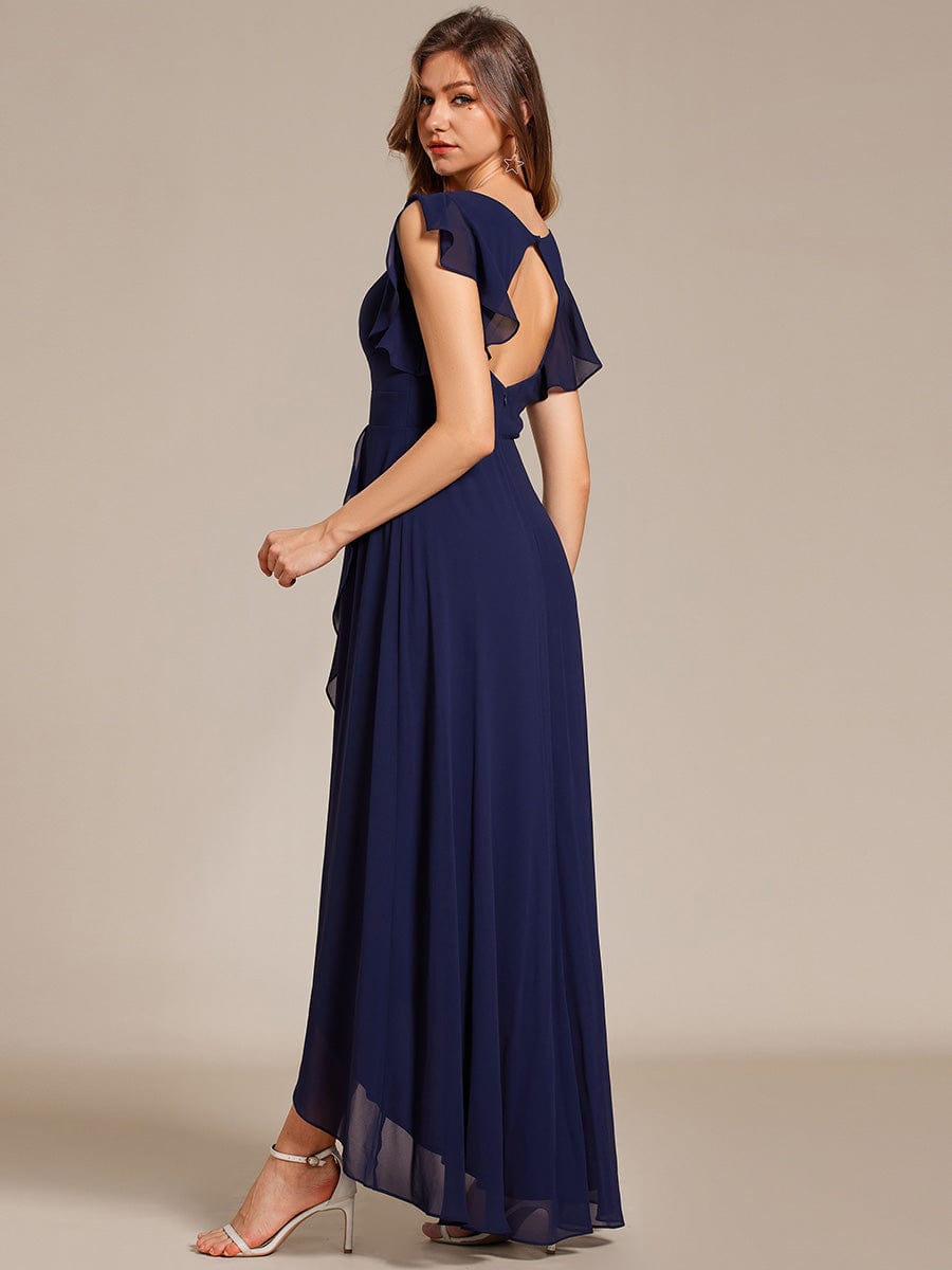 Elegant Ruffled Chiffon High-Low Bridesmaid Dress with Backless Design #color_Navy Blue