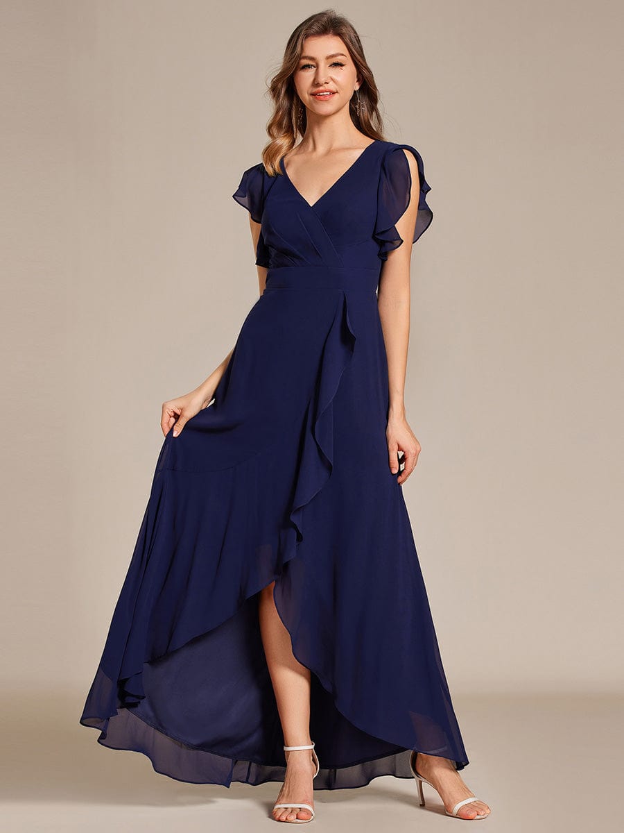 Elegant Ruffled Chiffon High-Low Bridesmaid Dress with Backless Design #color_Navy Blue