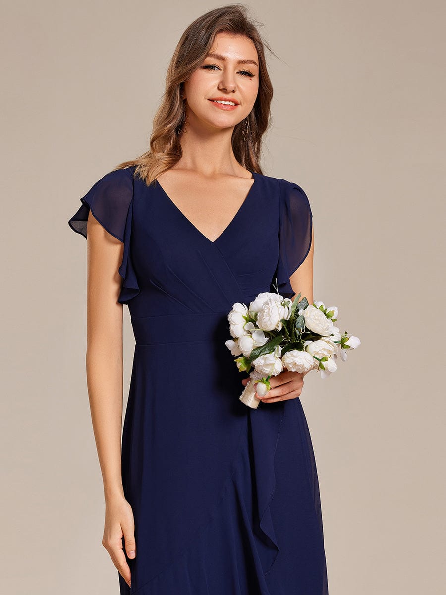 Elegant Ruffled Chiffon High-Low Bridesmaid Dress with Backless Design #color_Navy Blue