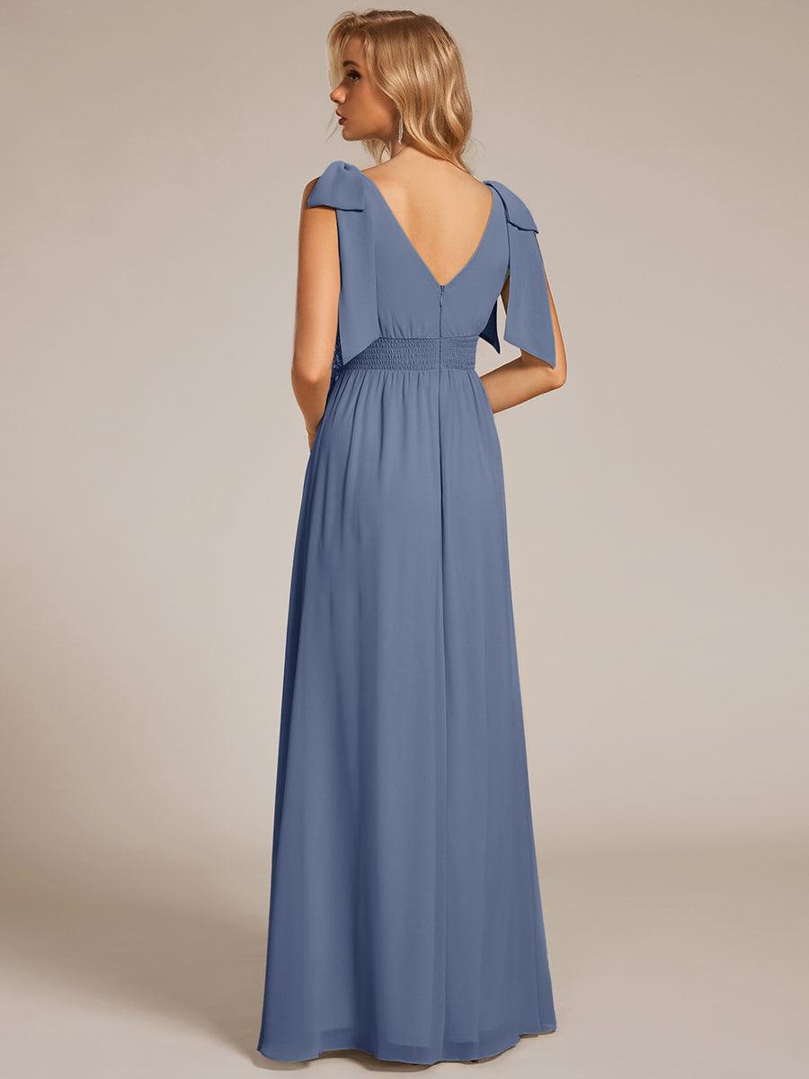 Bow Shoulder Empire Waist Maxi Bridesmaid Dress #color_Dusty Blue