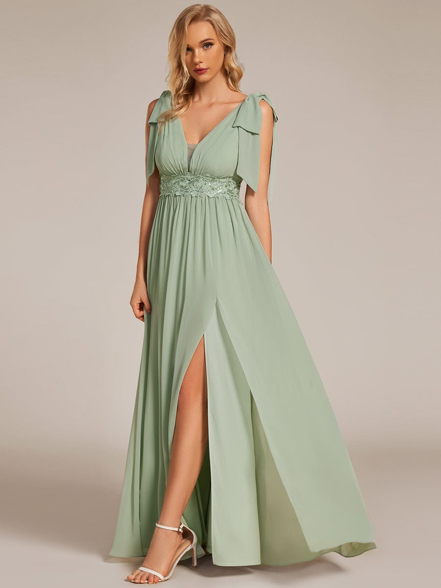 Bow Shoulder Empire Waist Maxi Bridesmaid Dress #color_Mint Green