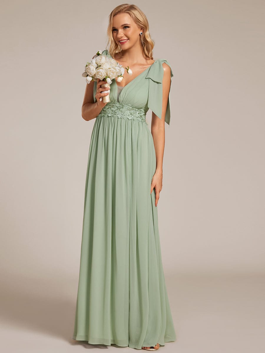 Bow Shoulder Empire Waist Maxi Bridesmaid Dress #color_Mint Green