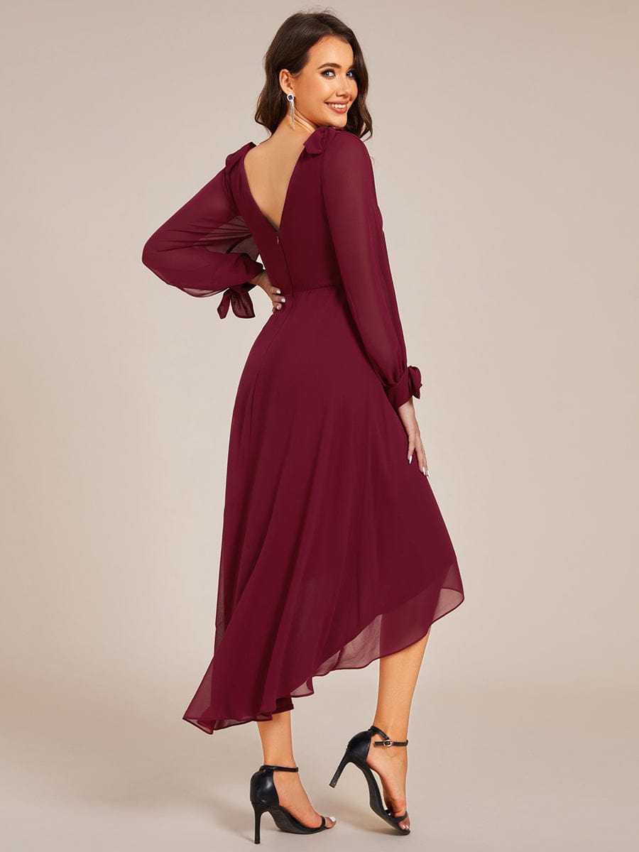 Long Sleeve V-Neck Midi Asymmetrical Hem Chiffon Bridesmaid Dress #color_Burgundy