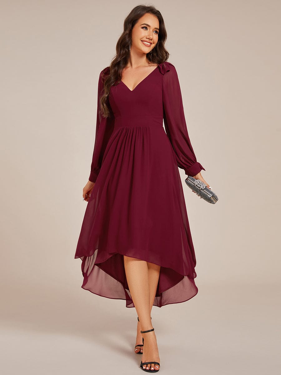 Long Sleeve V-Neck Midi Asymmetrical Hem Chiffon Bridesmaid Dress #color_Burgundy