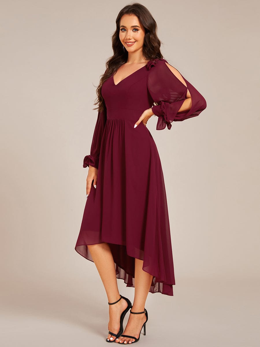 Long Sleeve V-Neck Midi Asymmetrical Hem Chiffon Bridesmaid Dress #color_Burgundy