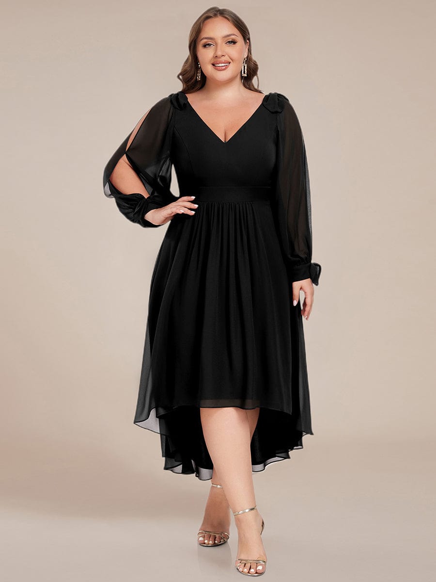 Long Sleeve V-Neck Midi Asymmetrical Hem Chiffon Bridesmaid Dress #color_Black