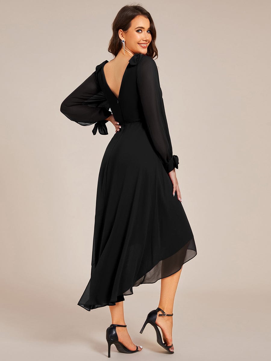 Long Sleeve V-Neck Midi Asymmetrical Hem Chiffon Bridesmaid Dress #color_Black