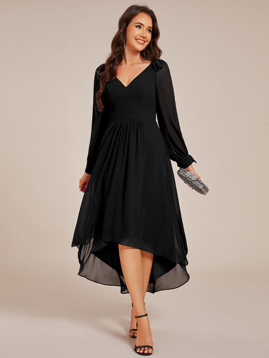 Long Sleeve V-Neck Midi Asymmetrical Hem Chiffon Bridesmaid Dress #color_Black