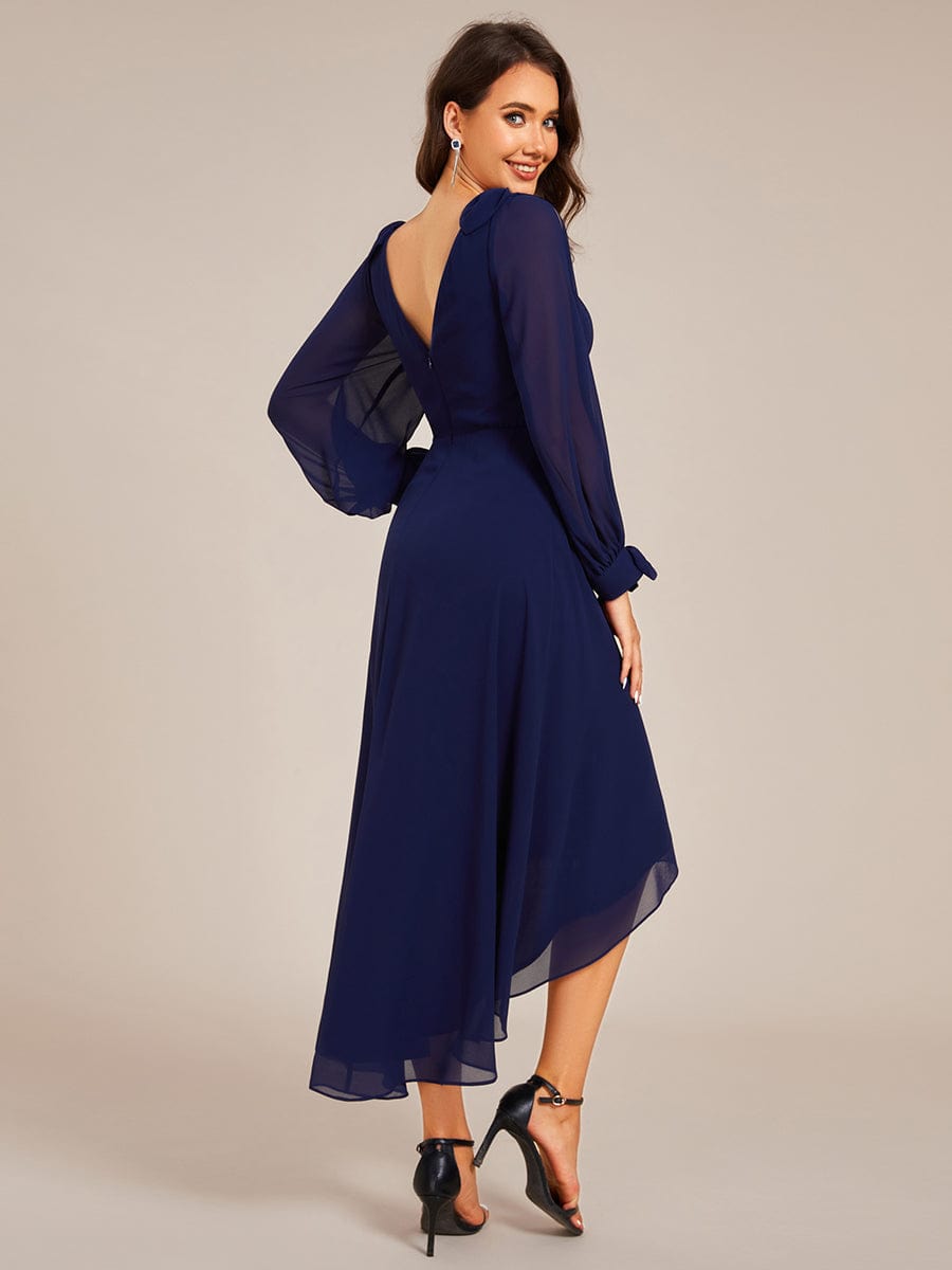 Long Sleeve V-Neck Midi Asymmetrical Hem Chiffon Bridesmaid Dress #color_Navy Blue