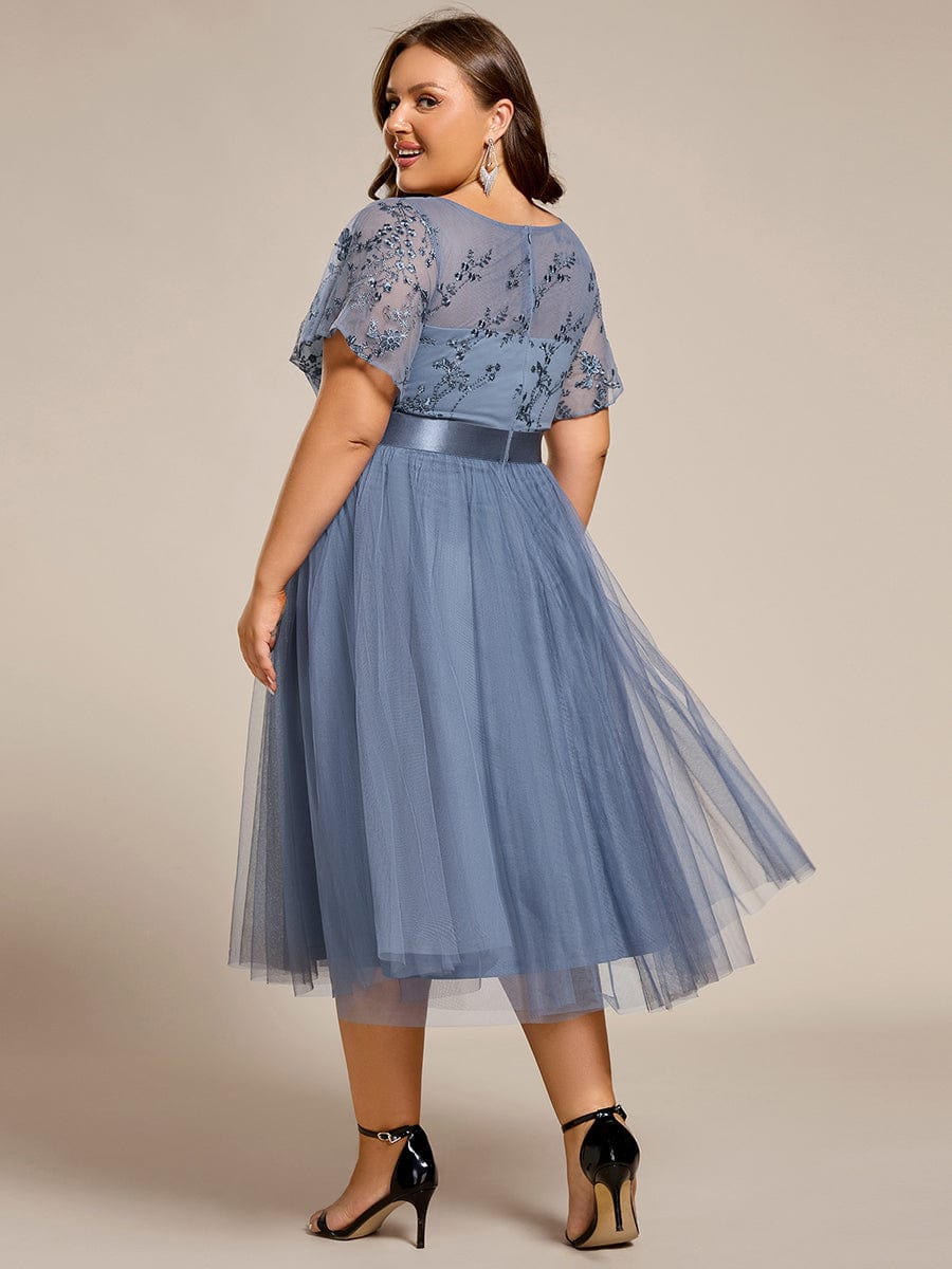 Plus Size Round Neckline Embellished Tulle Midi Bridesmaid Dress #color_Dusty Blue