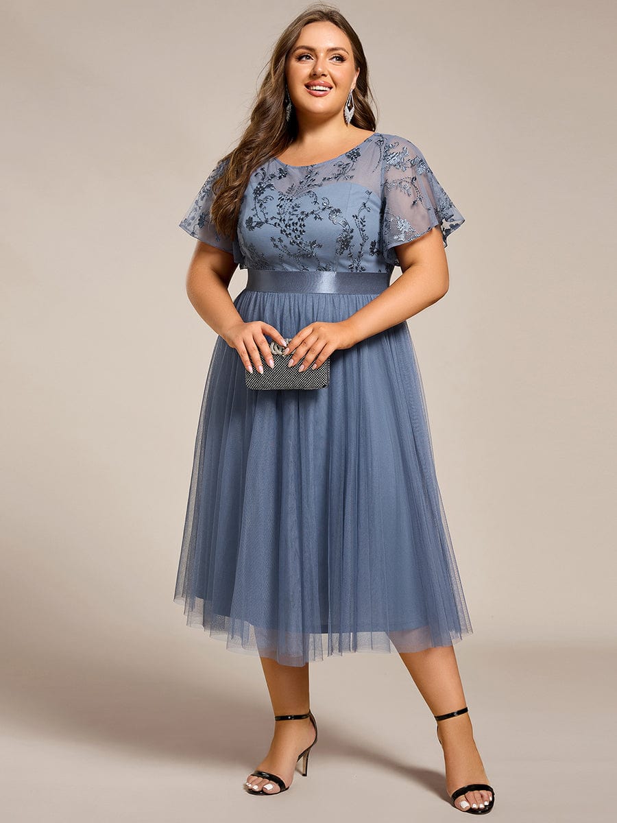 Plus Size Round Neckline Embellished Tulle Midi Bridesmaid Dress #color_Dusty Blue