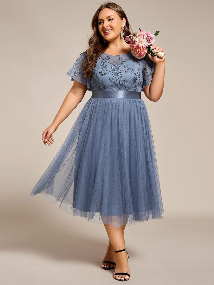 Embellished Tulle Midi Bridesmaid Dress with Sheer Sleeves #color_Dusty Blue