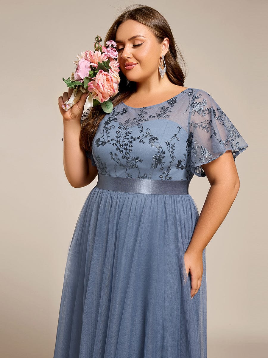 Embellished Tulle Midi Bridesmaid Dress with Sheer Sleeves #color_Dusty Blue