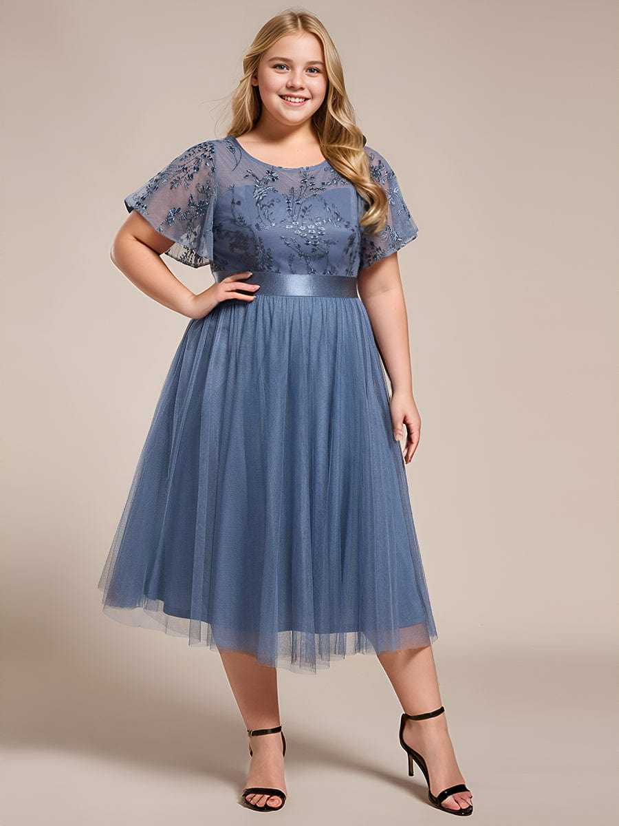 Plus Size Round Neckline Embellished Tulle Midi Bridesmaid Dress #color_Dusty Blue