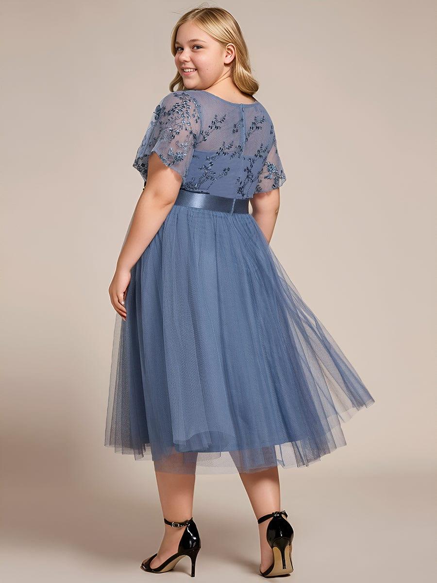 Plus Size Round Neckline Embellished Tulle Midi Bridesmaid Dress #color_Dusty Blue