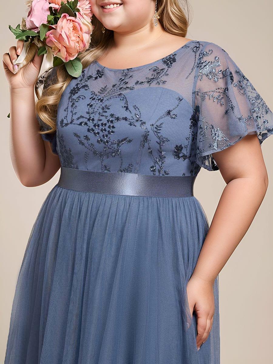 Embellished Tulle Midi Bridesmaid Dress with Sheer Sleeves #color_Dusty Blue