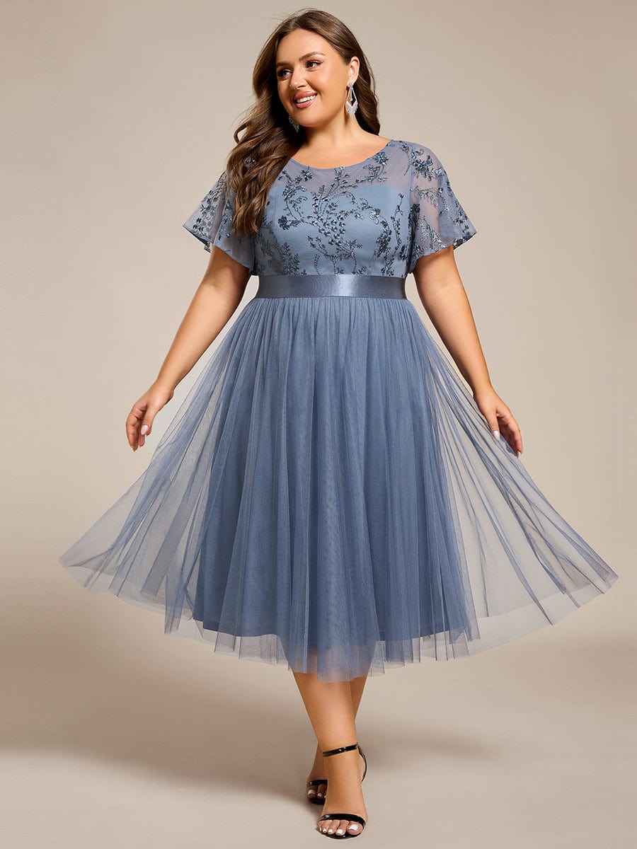 Plus Size Round Neckline Embellished Tulle Midi Bridesmaid Dress #color_Dusty Blue