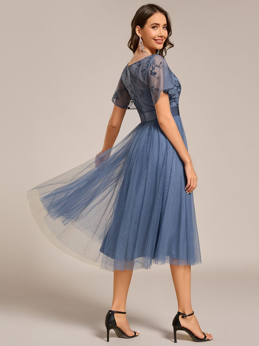 Embellished Tulle Midi Bridesmaid Dress with Sheer Sleeves #color_Dusty Blue