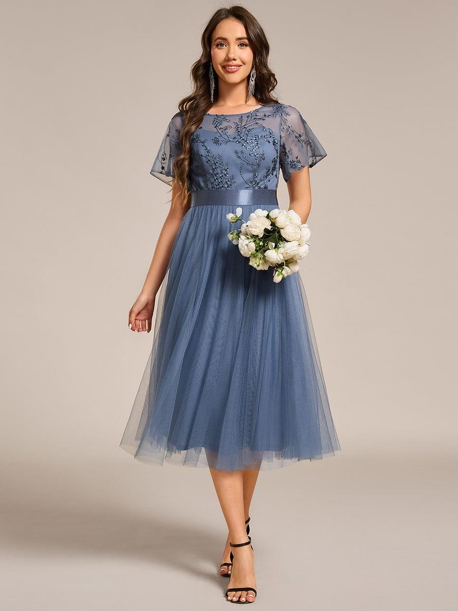 Embellished Tulle Midi Bridesmaid Dress with Sheer Sleeves #color_Dusty Blue