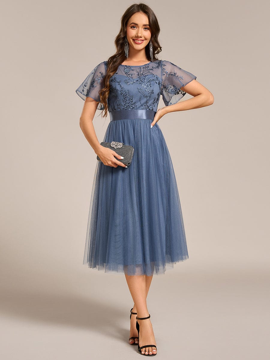 Embellished Tulle Midi Bridesmaid Dress with Sheer Sleeves #color_Dusty Blue