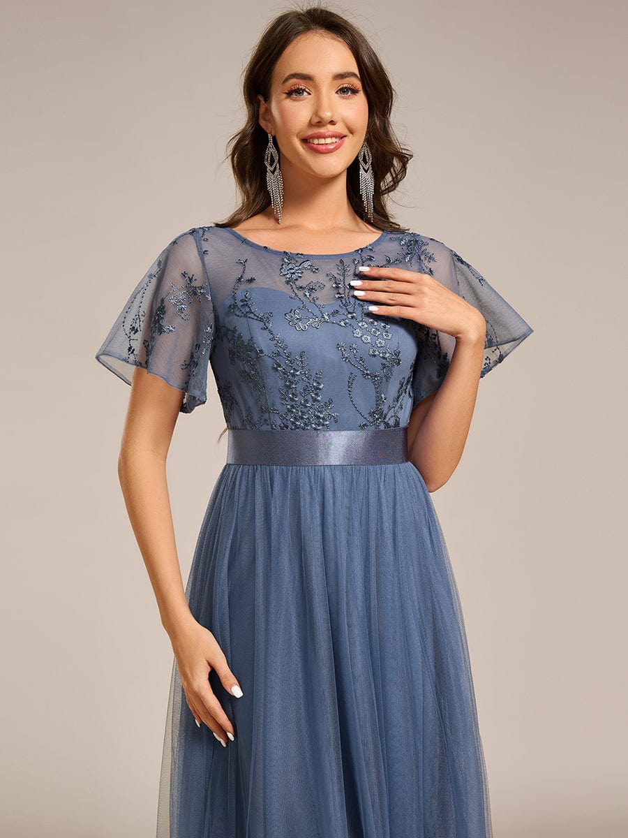 Embellished Tulle Midi Bridesmaid Dress with Sheer Sleeves #color_Dusty Blue