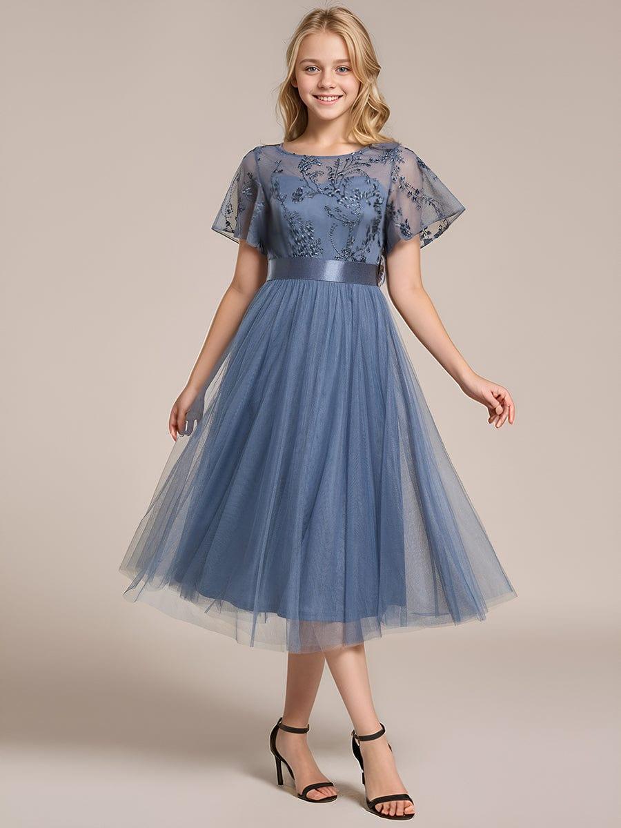 Embellished Tulle Midi Bridesmaid Dress with Sheer Sleeves #color_Dusty Blue