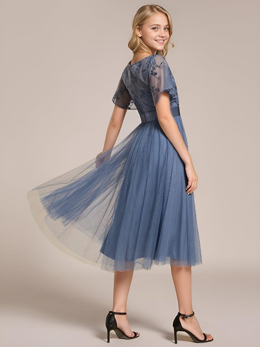 Embellished Tulle Midi Bridesmaid Dress with Sheer Sleeves #color_Dusty Blue