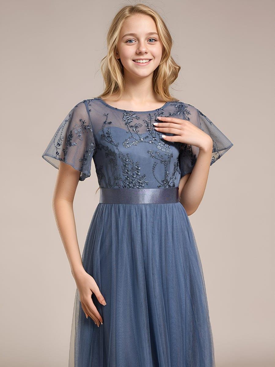 Embellished Tulle Midi Bridesmaid Dress with Sheer Sleeves #color_Dusty Blue